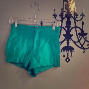 Teal shiny high waist shorts. Disco Shorts